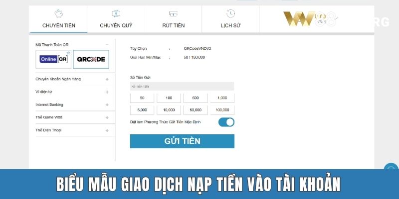 Biểu mẫu giao dịch nạp tiền vào tài khoản